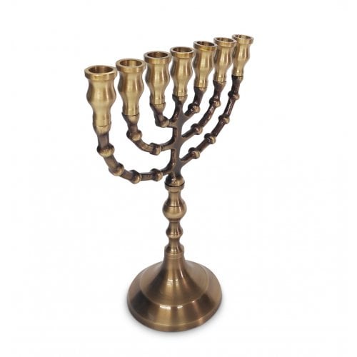 7 Branch Menorah Antique Finish - Gold Coloured Brass - Touching His Hem