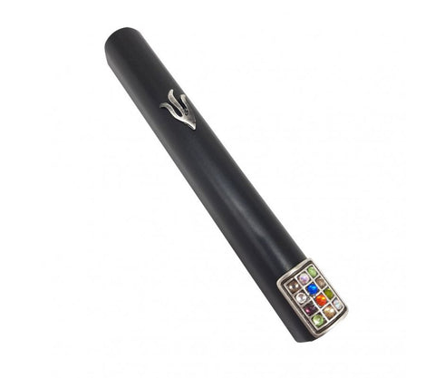 Black Wood Rounded Mezuzah Case, Silver Pewter Flame "Shin" and Breastplate - Touching His Hem