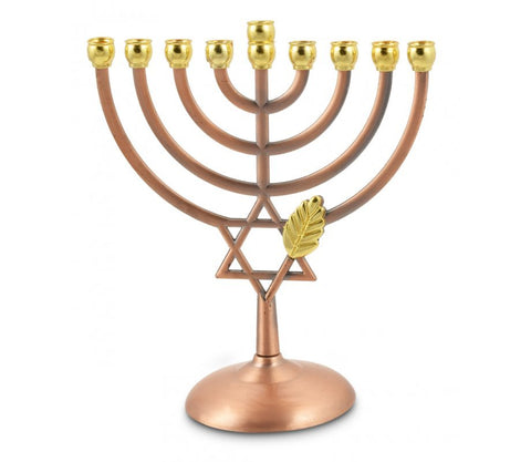 PRE-ORDER:Bronze Color Chanukah Menorah with Star of David and Leaf Design - 7 Inches - Touching His Hem